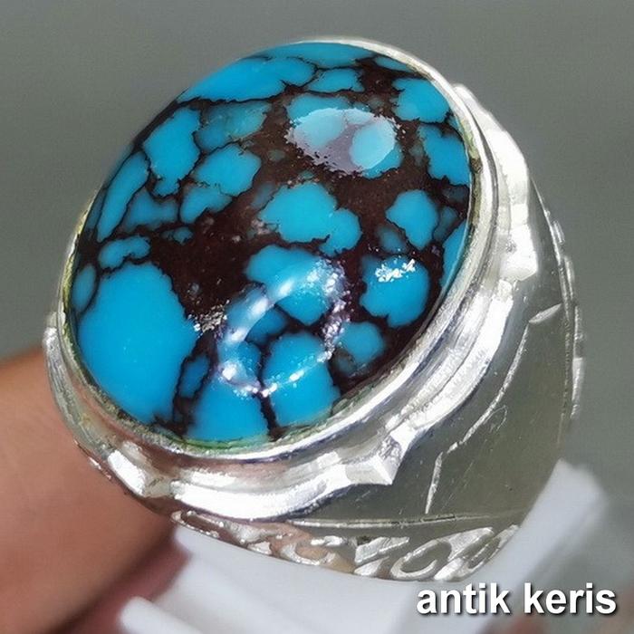 Batu Akik Pirus Biru Urat Merah Asli Mesir Natural Garansi Ring Perak