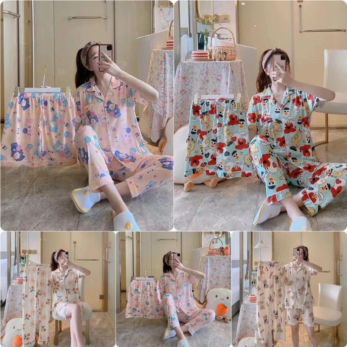 BAJU TIDUR WANITA 3IN1 KANCING IMPORT / PIYAMA WANITA IMPORT KANCING