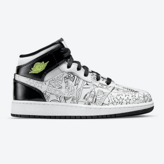Nike Air Jordan 1 Mid SE DIY Doodle GS White Black Volt Original