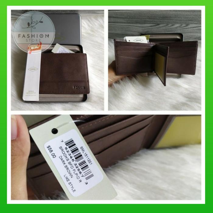 dompet pria fossil brooks bifold flip ID men wallet dark brown