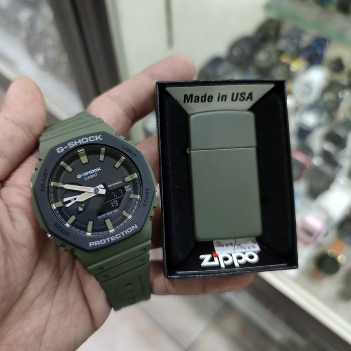 Jam tangan gshock ga 2110SU-3ADR + Zippo Slim Green Matte original