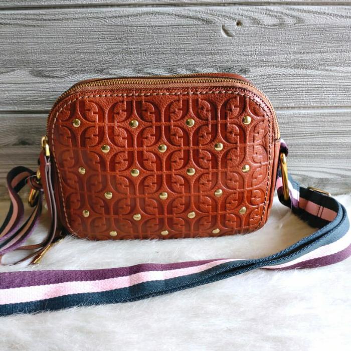 tas fossil elle crossbody bag leather bron multi emboss tas wanita