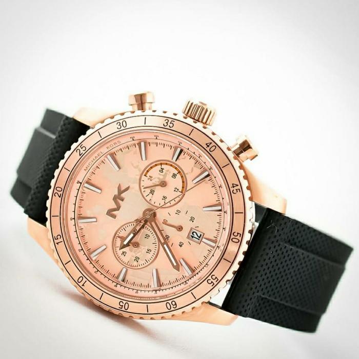 Jam Tangan Pria Merek Michaell Korss MK RoseGold Rubber 46mm Original