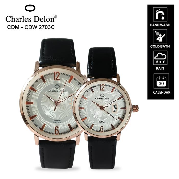 Jam Tangan Kulit Couple Calendar Charles Delon Ori Bonus Kotak 2703C