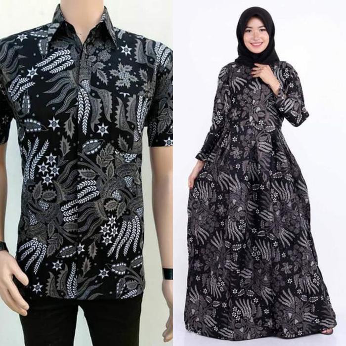 Baju couple dress gamis jumbo ld 120 batik sarimbit kemeja manggar abu