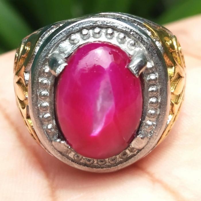 Cincin Titanium Batu Akik Permata Fosil Kerang Merah Unik