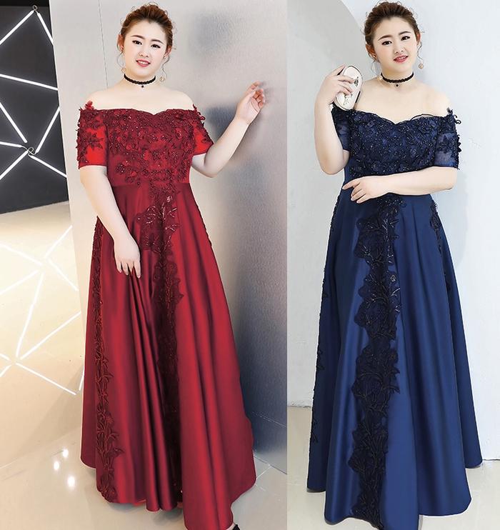 Gaun Pesta 2108026 Big Size Merah Navy Sabrina Satin Party Dress