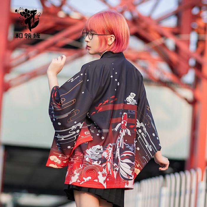 KIMONO/HAPPI HAORI LOOSE KIMONO KOI BLACK/CARDIGAN/OUTERWEAR COSPLAY