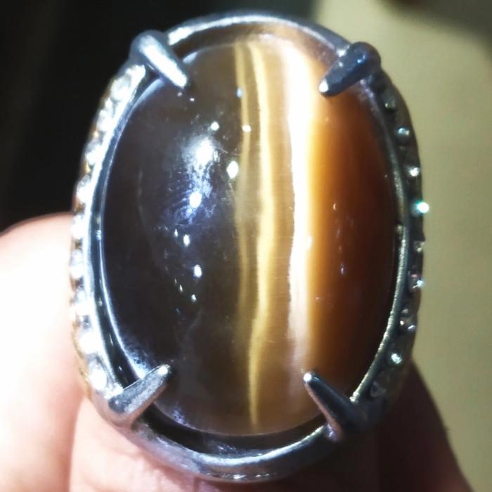 Cincin Titanium Batu Akik Mata Kucing Cokelat Kopi Brown Cat Eye Big