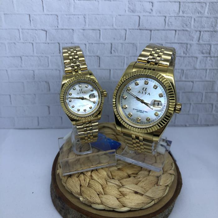 JAM TANGAN WANITA PRIA COUPLE ALFA 99105L GOLD ORIGINAL BERAGARANSI