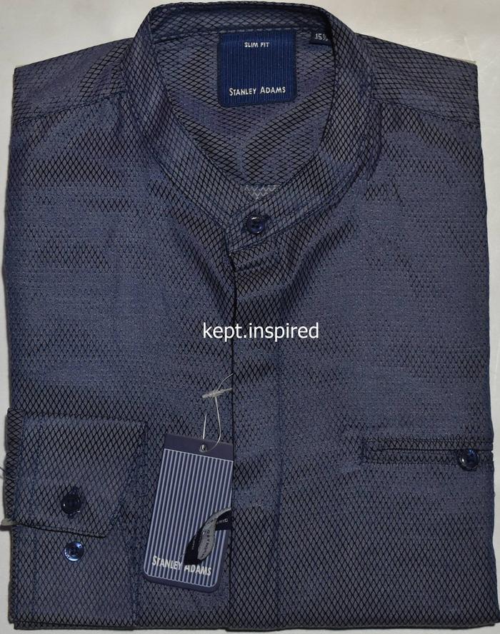 Kemeja Pria STANLEY ADAMS Lengan Panjang Kerah Koko Navy Motif