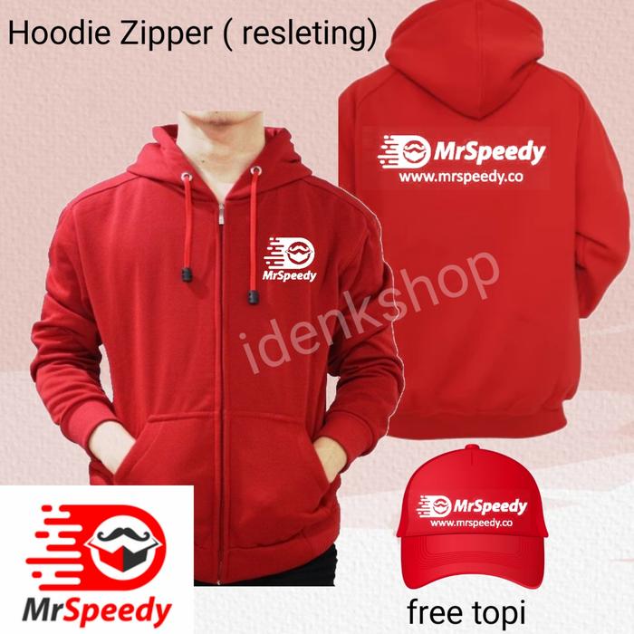 hoodie sweater pria Zipper ( resleting ) merah kurir mrspeedy + topi