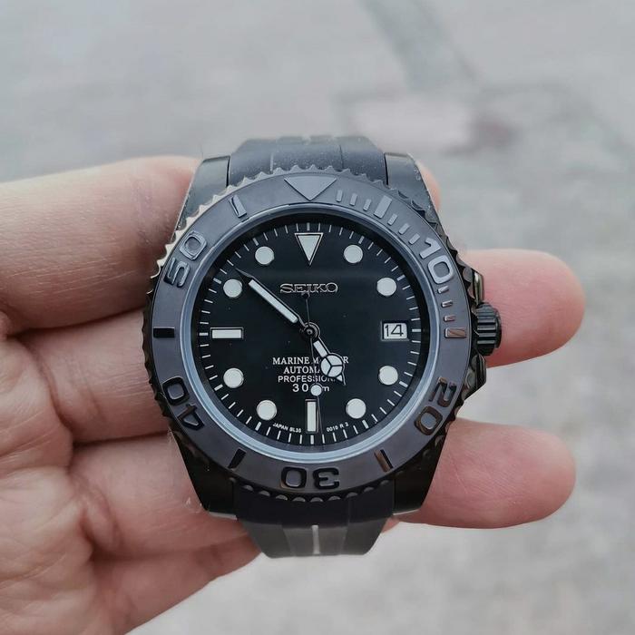 Seiko Mod Submariner Full Black 40mm Rubber Strap YM not Rolex