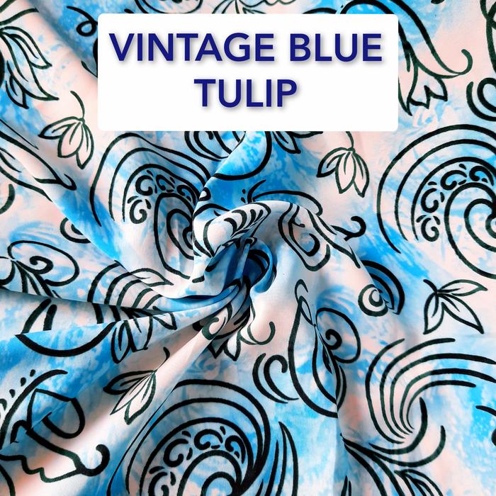 kain woolpeach meteran motif bunga vintage tulip blue halus murah lbr115cm