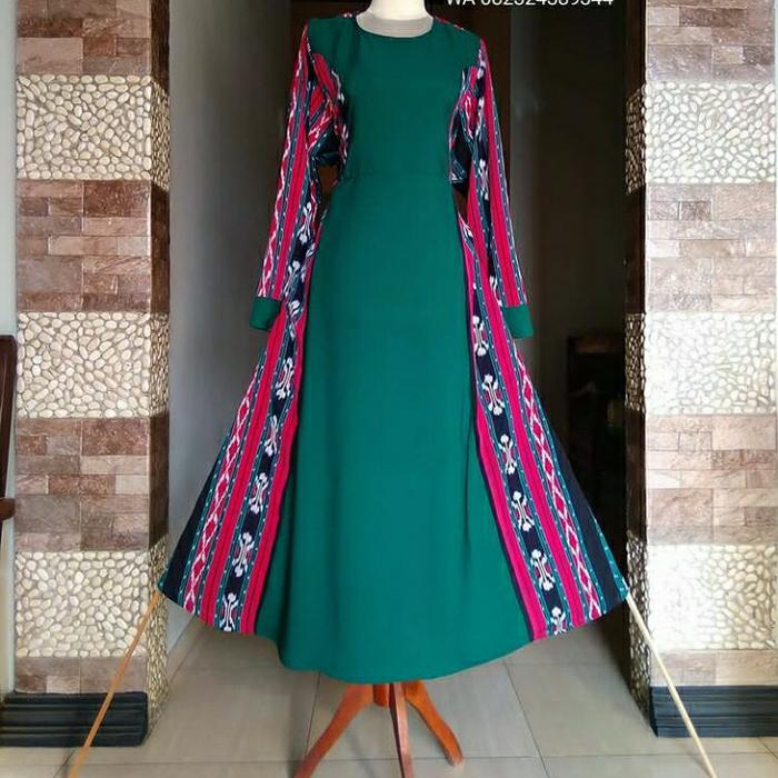 gamis tenun hijau botol kombinasi toyobo