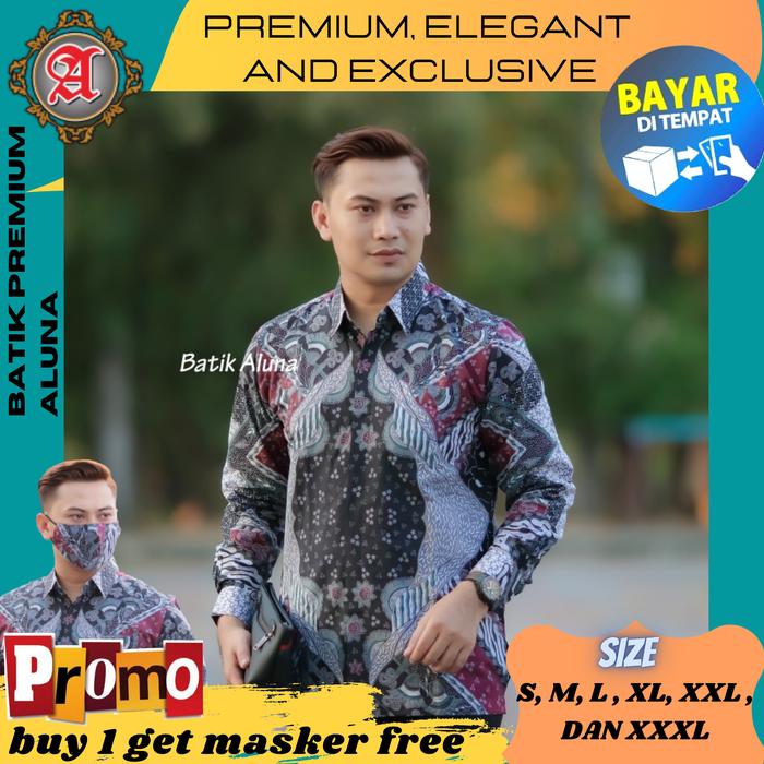 Baju Kemeja Batik Pria Premium Lengan Panjang Biru Free Masker baru104
