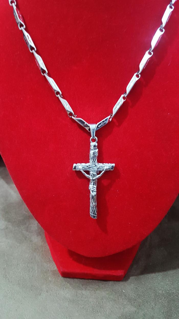 Kalung Besi Putih Asli Ambon Model Balok + Leontin Salib Crucifix