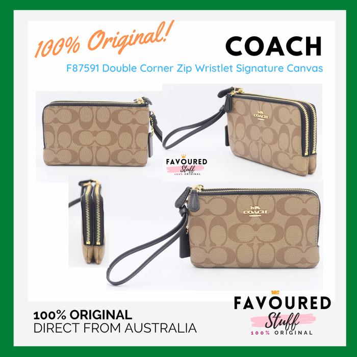 COACH Double Corner Zip Khaki/Black Wristlet Signature Canvas Original