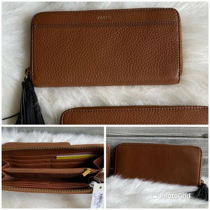 dompet fossil tara zip long wallet brown dompet wanita