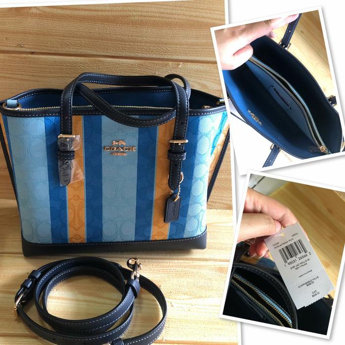 tas wanita coach molie 25 stripe jacquard blue yellow multi