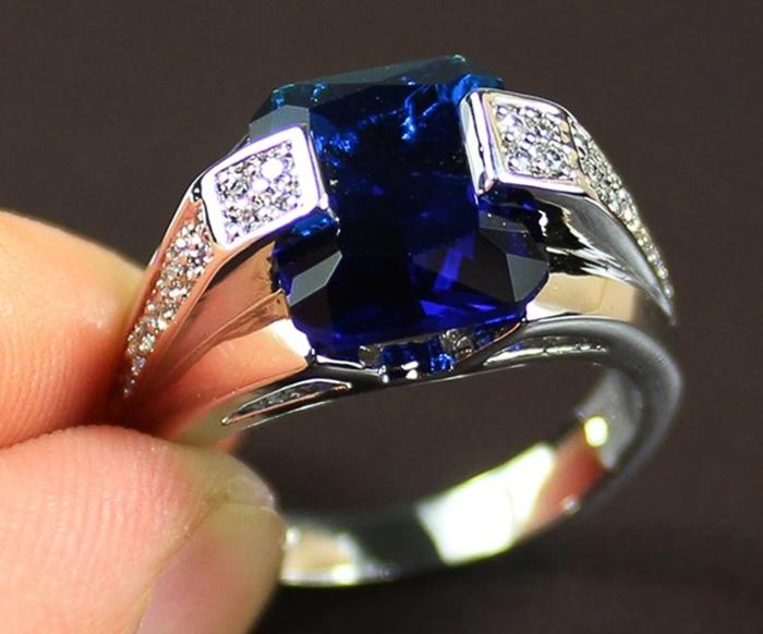 Cincin Luxury Deep Blue Zircon Brass Lapis Perak Noble Fine Classic