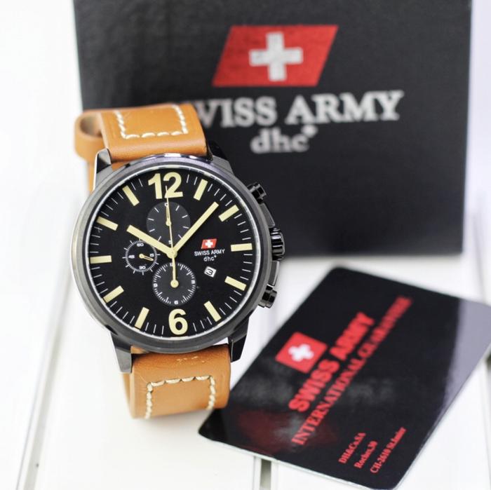 Jam tangan Swiss army 2012 Tali kulit black chronograph aktif original
