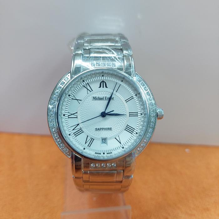 JAM TANGAN MICHAEL ERNEST ME8520 ME 8520 SILVER PRIA SAPHIRE GLASS