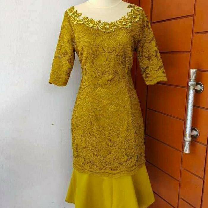 dress brokat kuning lemon aksen bordir leher