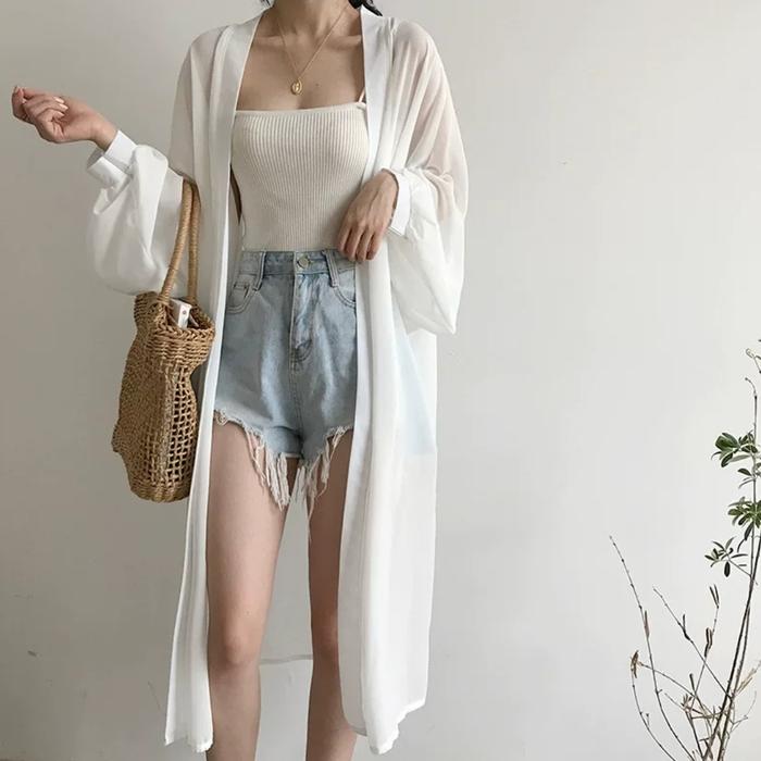 Cardigan Model Longgar Lengan Terompet Panjang Warna Polos Bahan Sifon