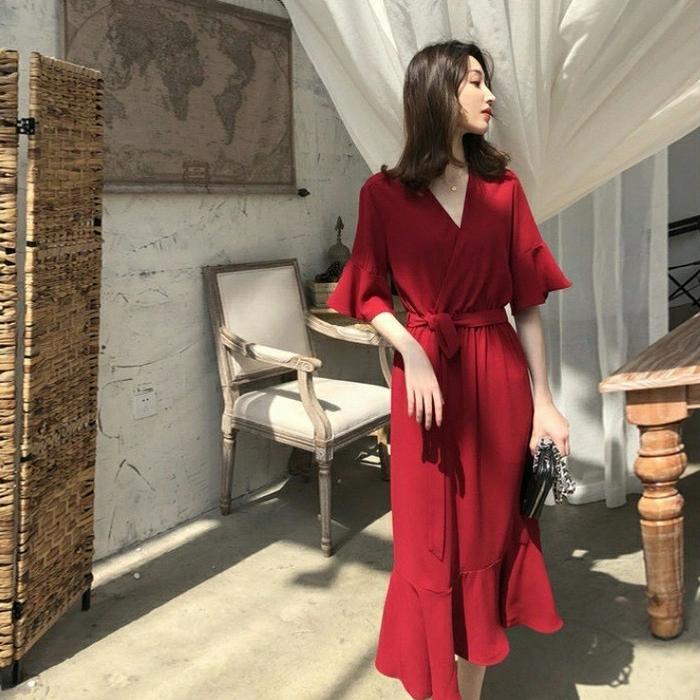 LONG DRESS POLOS XL OBI BELT MAROON/ KUNING MUSTARD VECKA SERRA