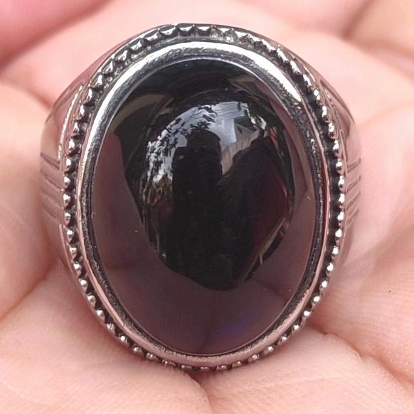 Cincin Titanium Batu Akik Kecubung Hijau Daun Hitam Tembus Hijau Asli