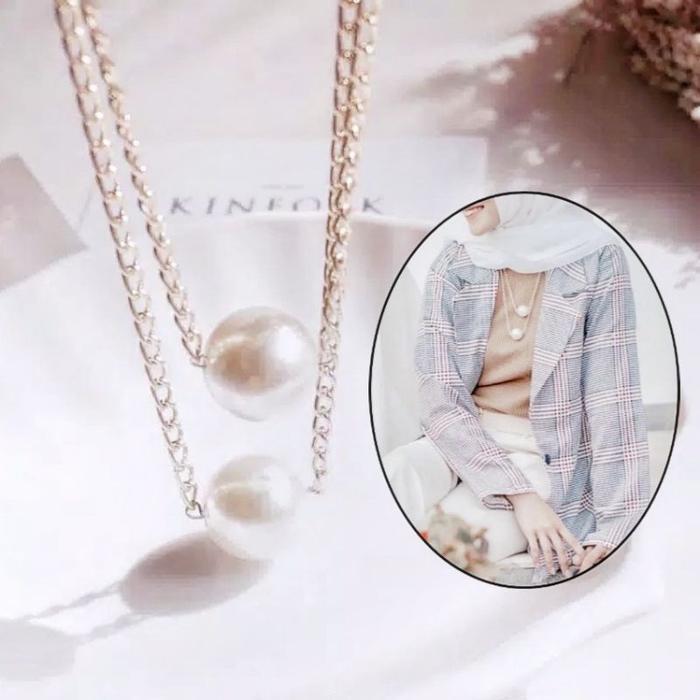 Kalung Korea Panjang Double Layer Mutiara Besar Susun Kalung Hijab
