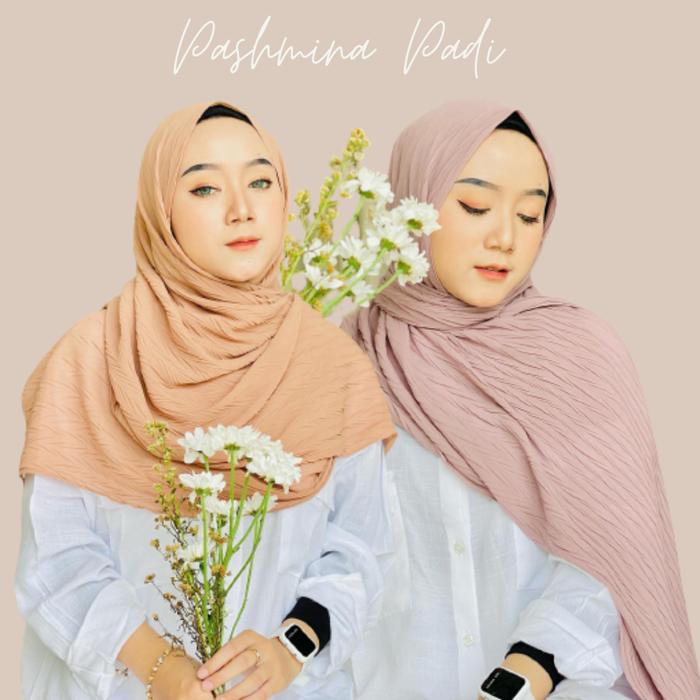 Pashmina Ceruty Plisket Padi | Hijab Babydoll Tanpa Garis Lidi Pleated Panjang Kerudung Muslim