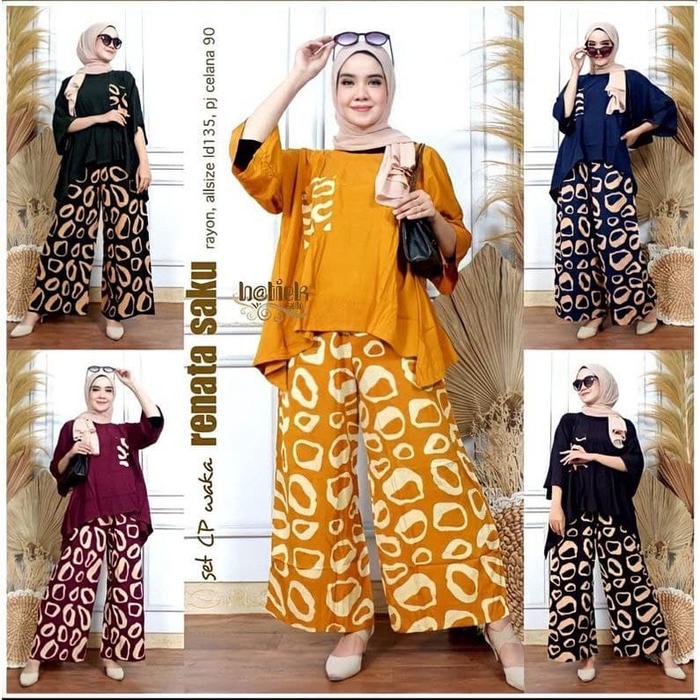 Setelan Rena Set Rayon Polos Jumbo Waka Kain Casual Celana Panjang