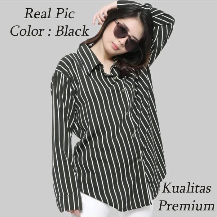 ONNIEFASHION Stripe Yobel Kemeja Atasan Wanita