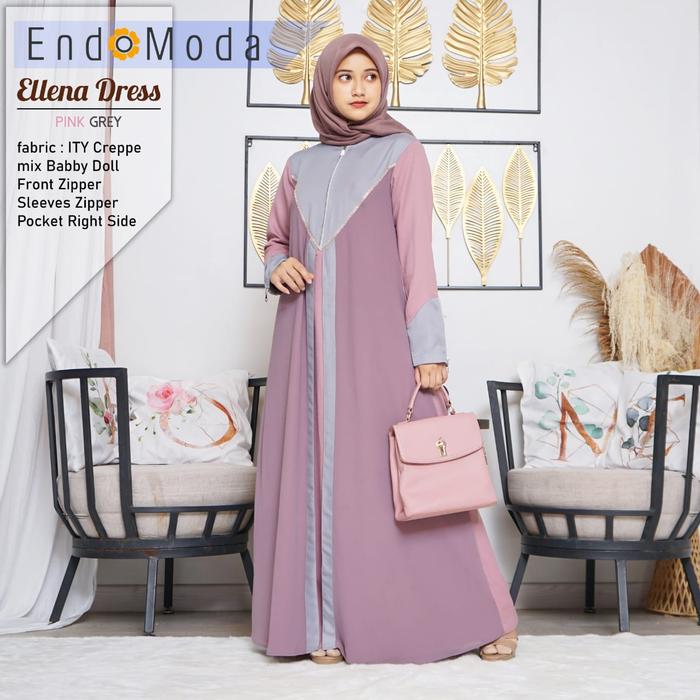 GAMIS MUSLIMAH ENDOMODA ELLENA DRESS PINK GREY