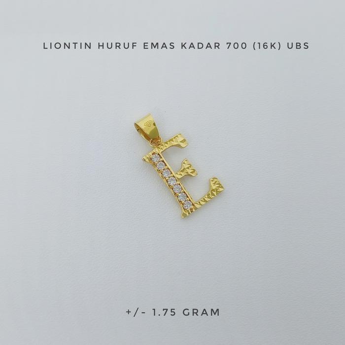 Liontin Huruf E Emas Kadar 700 (16K) UBS Berat +/- 1.75 gram
