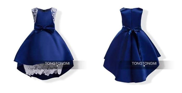 dress gaun pesta anak cantik navy biru tua renda asymetris