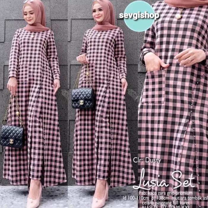 LUSIA SET BAJU SETELAN MOTIF KOTAK MODEL BELAH