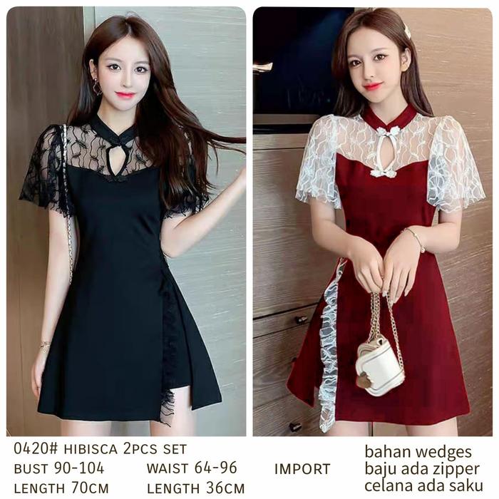 Dress 0420 Setelan CNY Hibisca import Maroon Hitam Detail di picture
