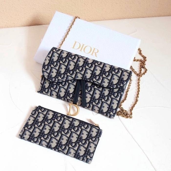 Dior Wallet on Chain / WOC Saddle in Blue Oblique (with extra pouch)