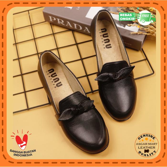 Sepatu Wanita Nunu Flat Strap Pita Kulit Sapi Asli Garut