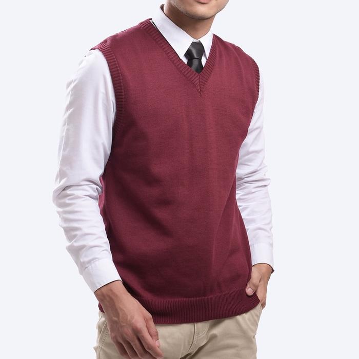 Top Vest Pria Maroon Basic Sweater Rompi Merah Polos Outer Casual Kantor Formal Outwear