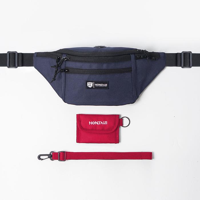 Bundling Tas Waistbag Muzzle Navy + Flast Hanging Wallet Red - Hontale