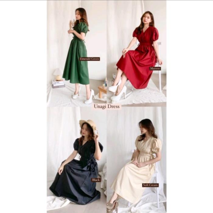 UNAGI KOREAN STYLE VINTAGE MIDI DRESS TALI POLOS NATAL