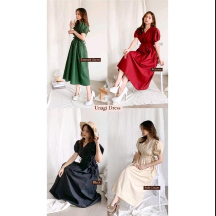 UNAGI KOREAN STYLE VINTAGE MIDI DRESS TALI POLOS NATAL