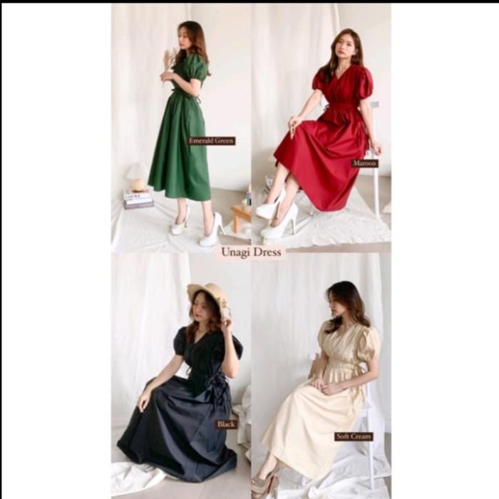 UNAGI KOREAN STYLE VINTAGE MIDI DRESS TALI POLOS NATAL