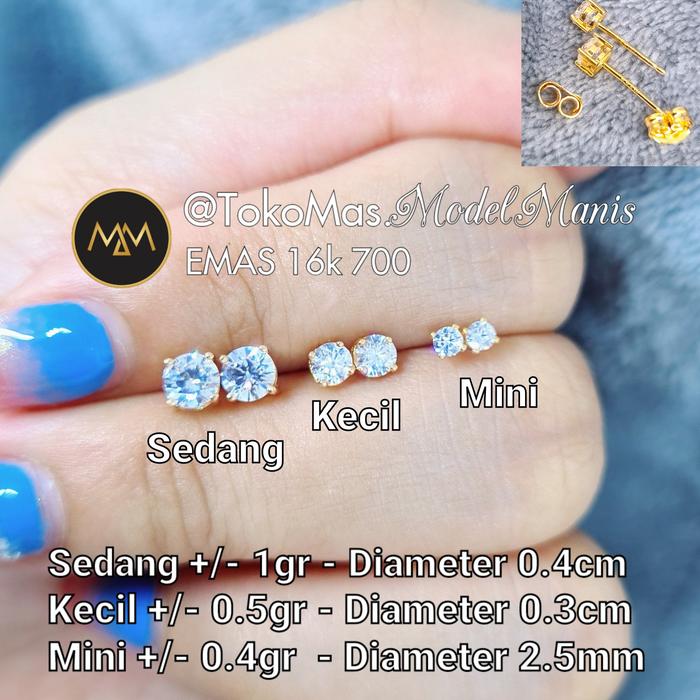 Anting solitaire tindik tusuk emas kuning 700 kadar 16 K