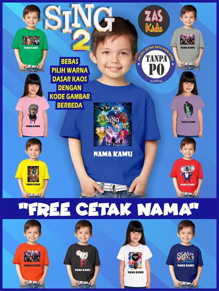 KAOS ANAK KARTUN SING 2 FREE CETAK NAMA BANYAK MOTIF