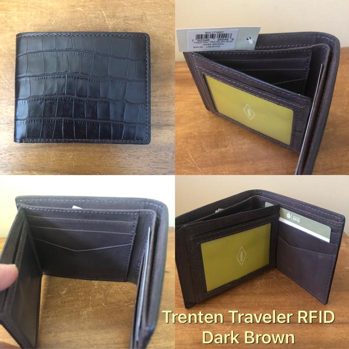 NWT Dompet Pria RFID Fossil Trenten Croco Dark Brown Authentic